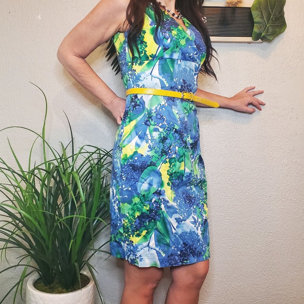 Donna Ricco NY I Sleeveless V Neck Sheath Summer Dress Teale/Floral Size…